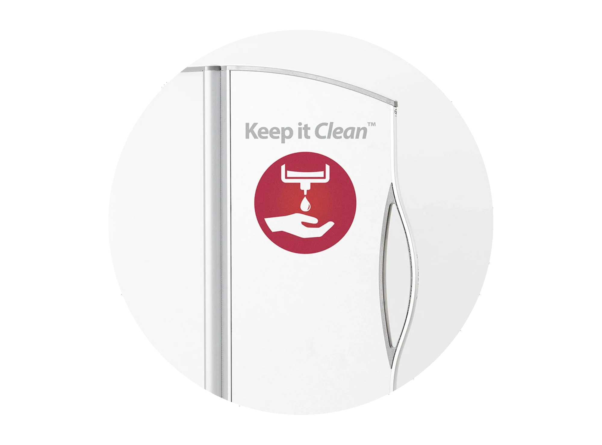 Round design-option thumbnail showing a screen panel printed with the red Keep it Clean™ logo.