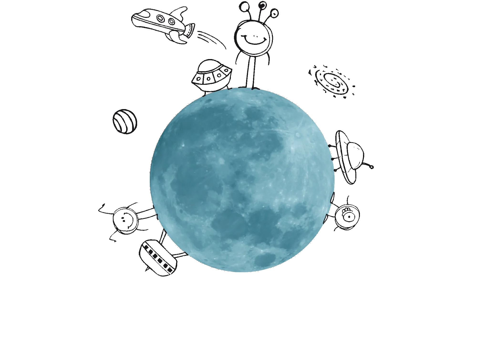 Round design-option thumbnail showing a child-style StoryPanels™ illustration of a planet with aliens and rockets.