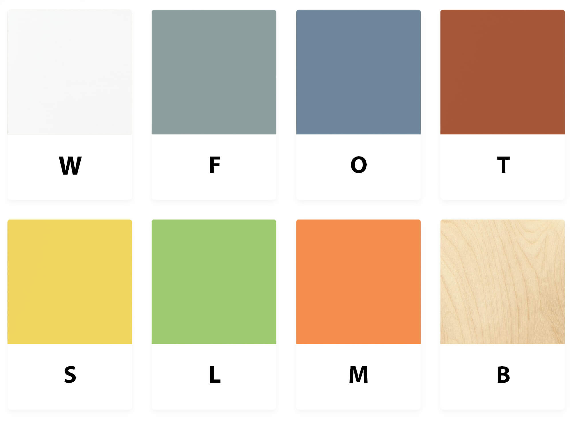 Swatch grid of the eight Silentia laminate colors: White, Forest, Ocean, Tropical, Savannah, Lime, Mandarin and Birch.