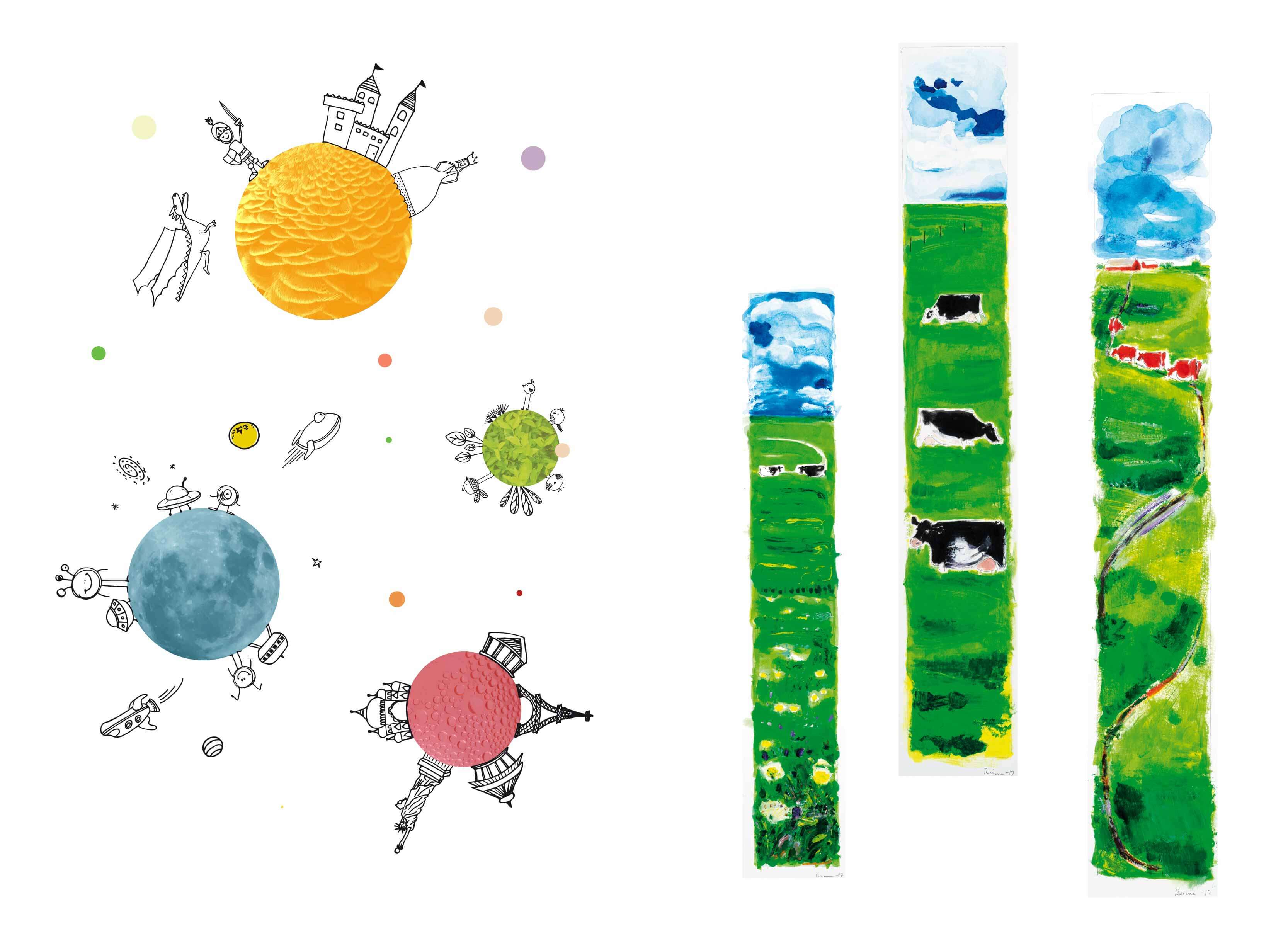 Illustration for trivsel, der kombinerer børns planettegninger med grønne StoryPanels™-landskabsstriber.