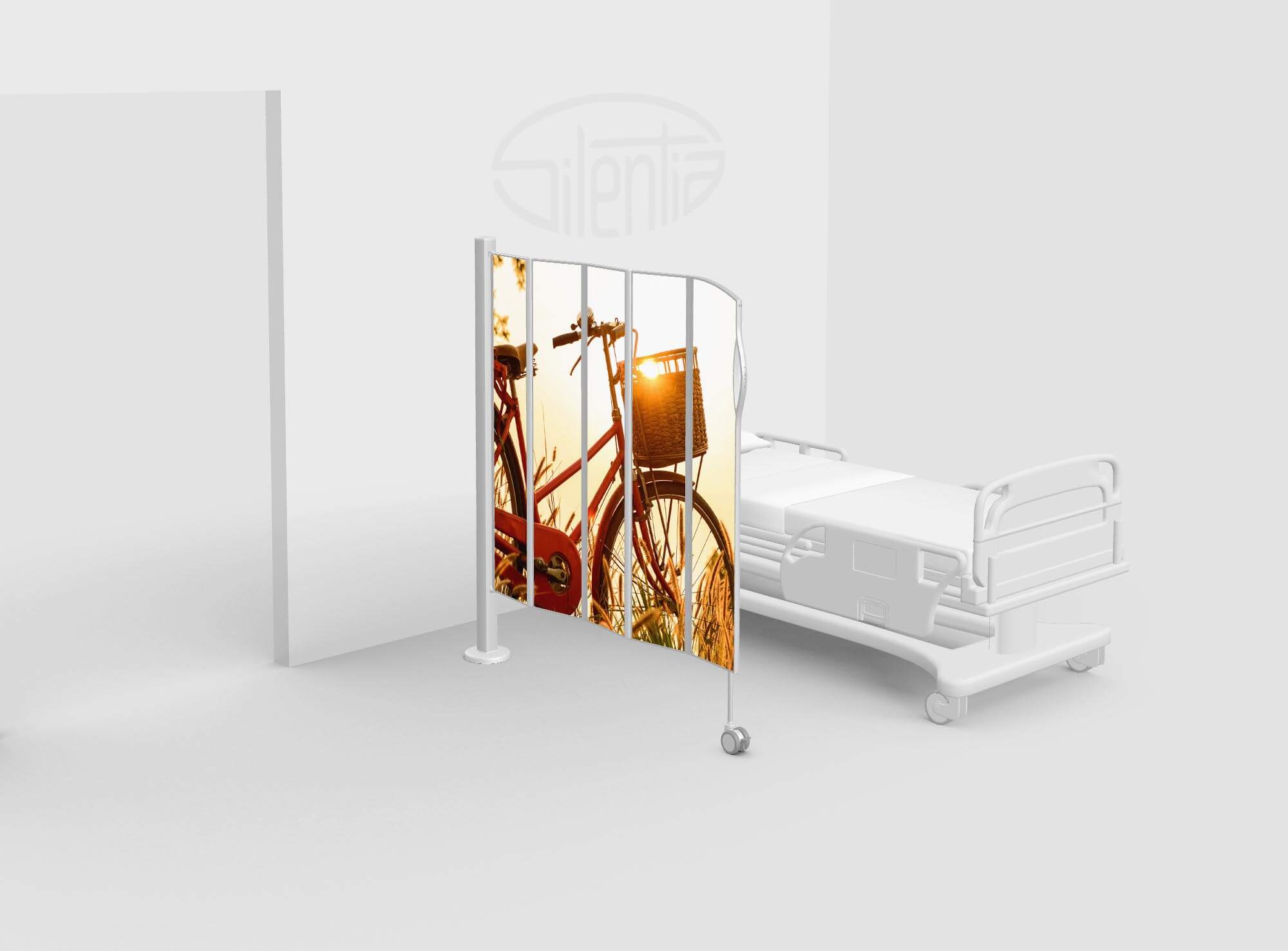 Five-panel Silentia Fold on a floor pole printed with a bicycle-at-sunset PhotoPanels™ image beside a hospital bed.