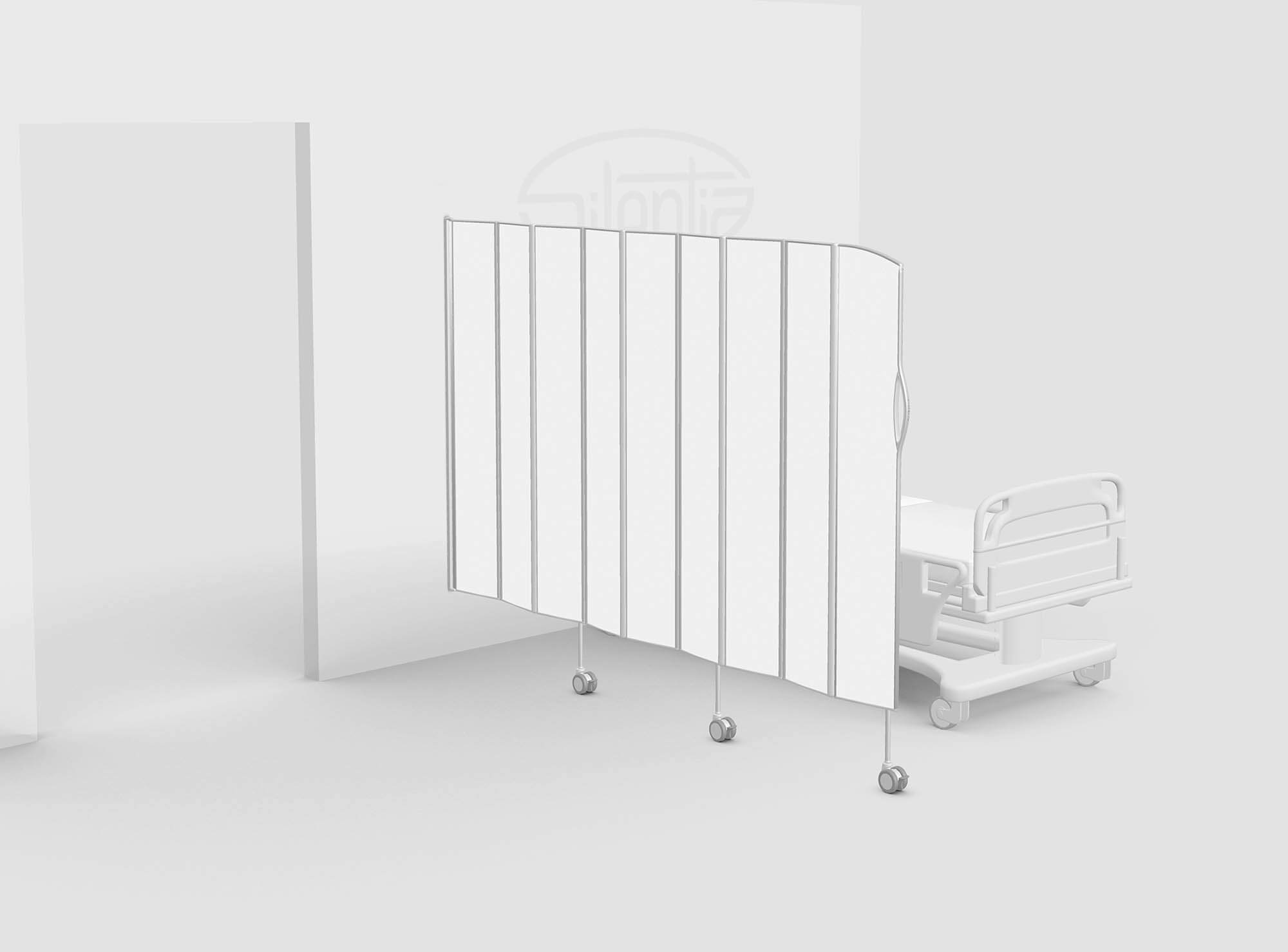 Hvid 3D-gengivelse af en Silentia Fold mobil sammenklappelig skærm med ni paneler på hjul ved siden af en hospitalsseng.