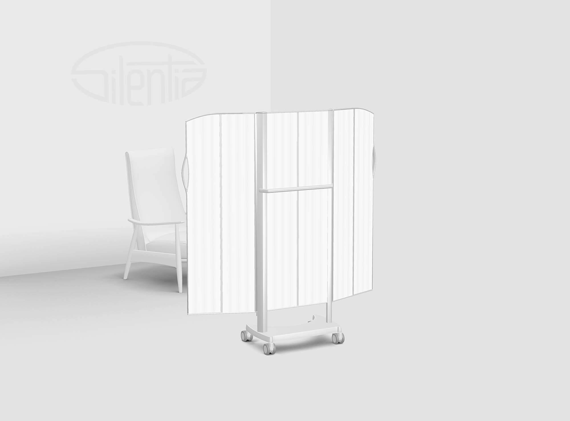 Valkoinen 3D-mallinnos Silentia Wing -sermistä, jossa on läpikuultavat Daylight-paneelit liikuteltavalla vaunulla.