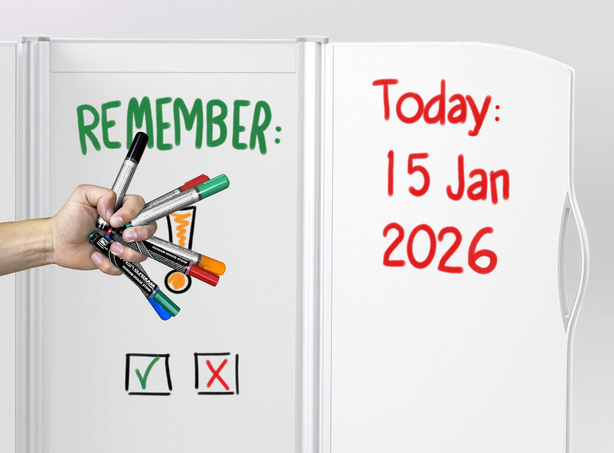 Hand with markers writing the date on a Silentia Wing whiteboard panel.