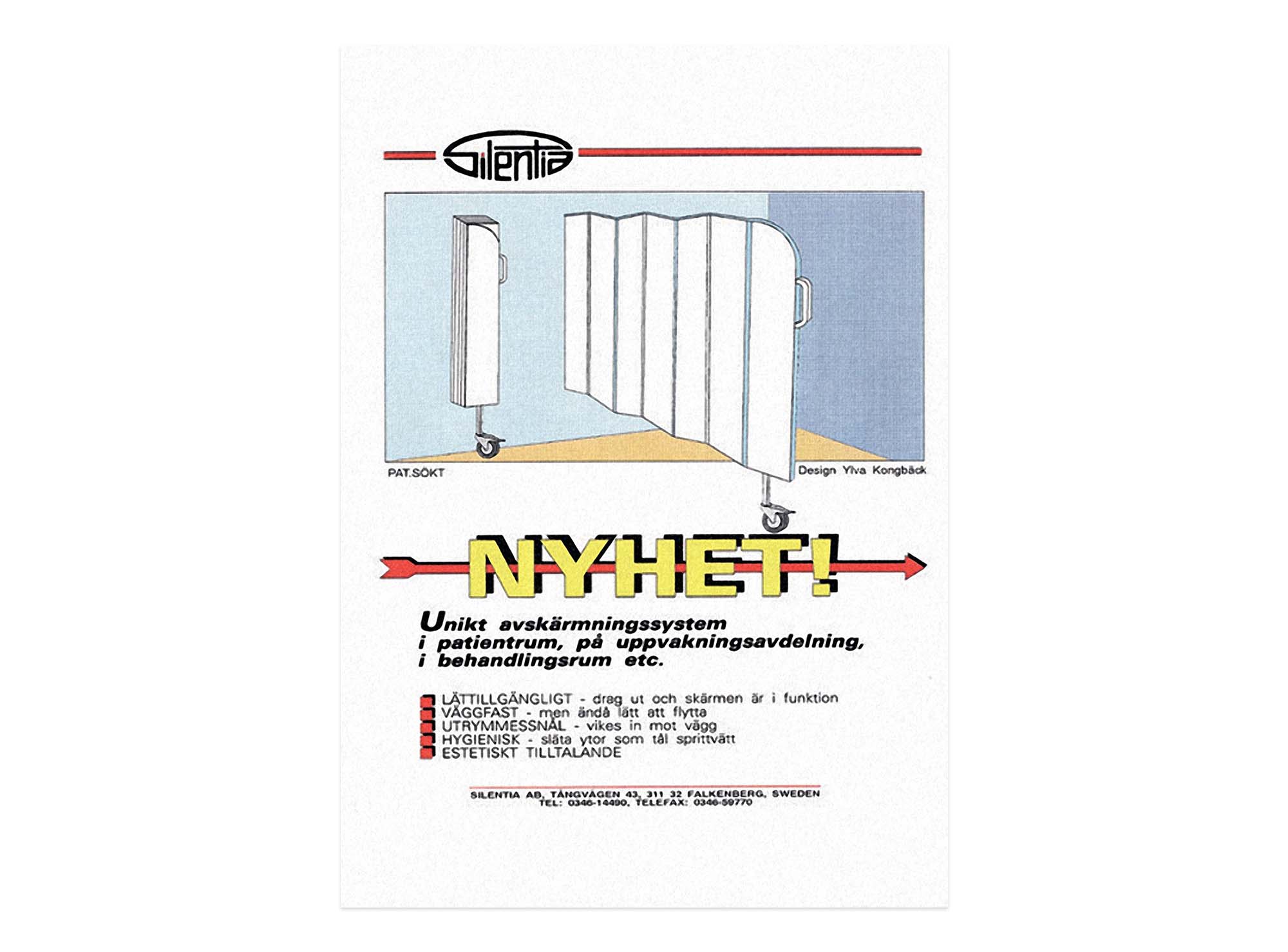 Affiche publicitaire suédoise ancienne de Silentia titrée "NYHET!", présentant le nouveau paravent pliant avec une illustration.