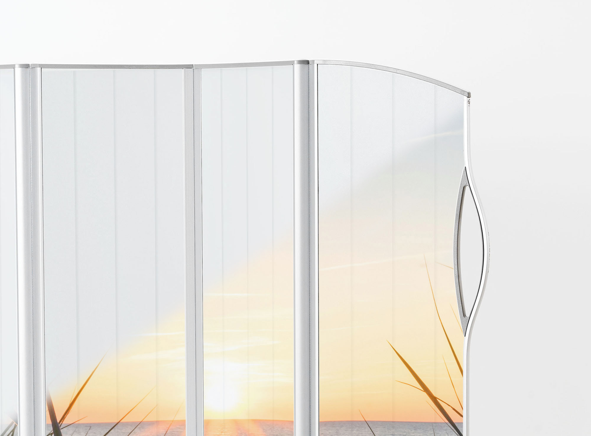 Close-up of translucent Daylight panels printed with a faint reed-and-sunset PhotoPanels™ motif.