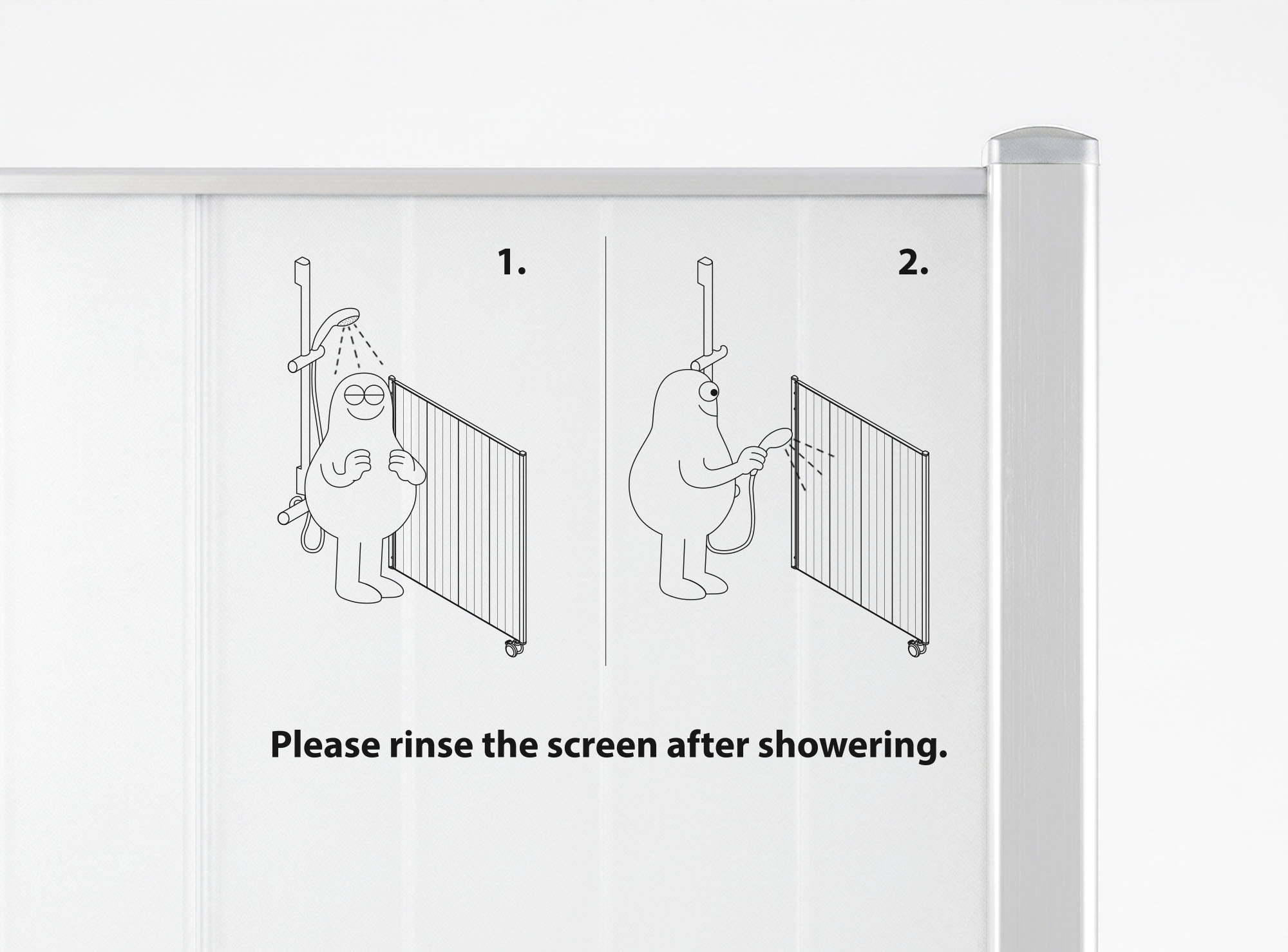 Primer plano de una mampara Silentia Shower con un gráfico impreso de dos pasos para aclararla tras la ducha.