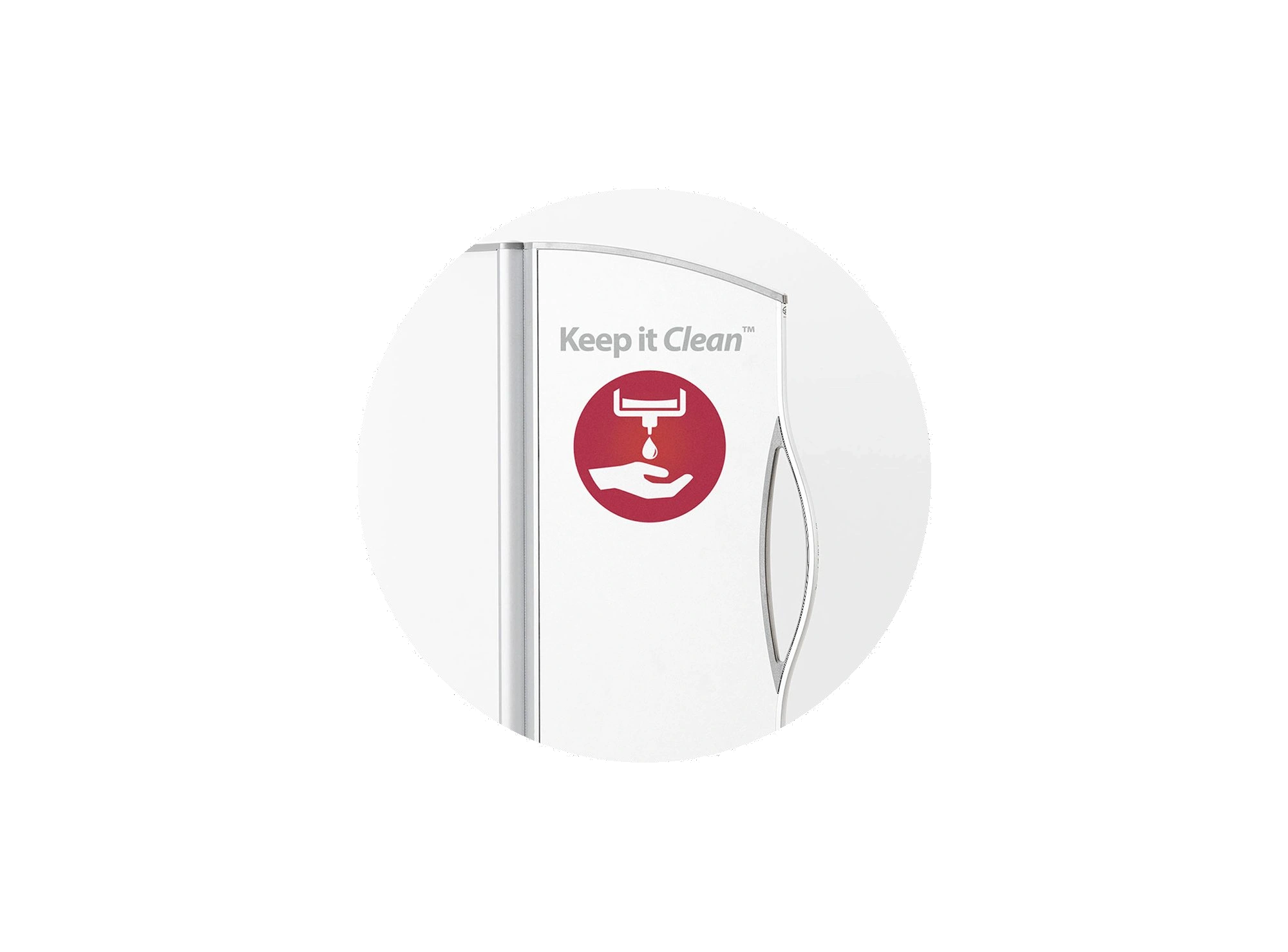 Rund miniature for designvalg med et panel trykt med det røde Keep it Clean™-logo.
