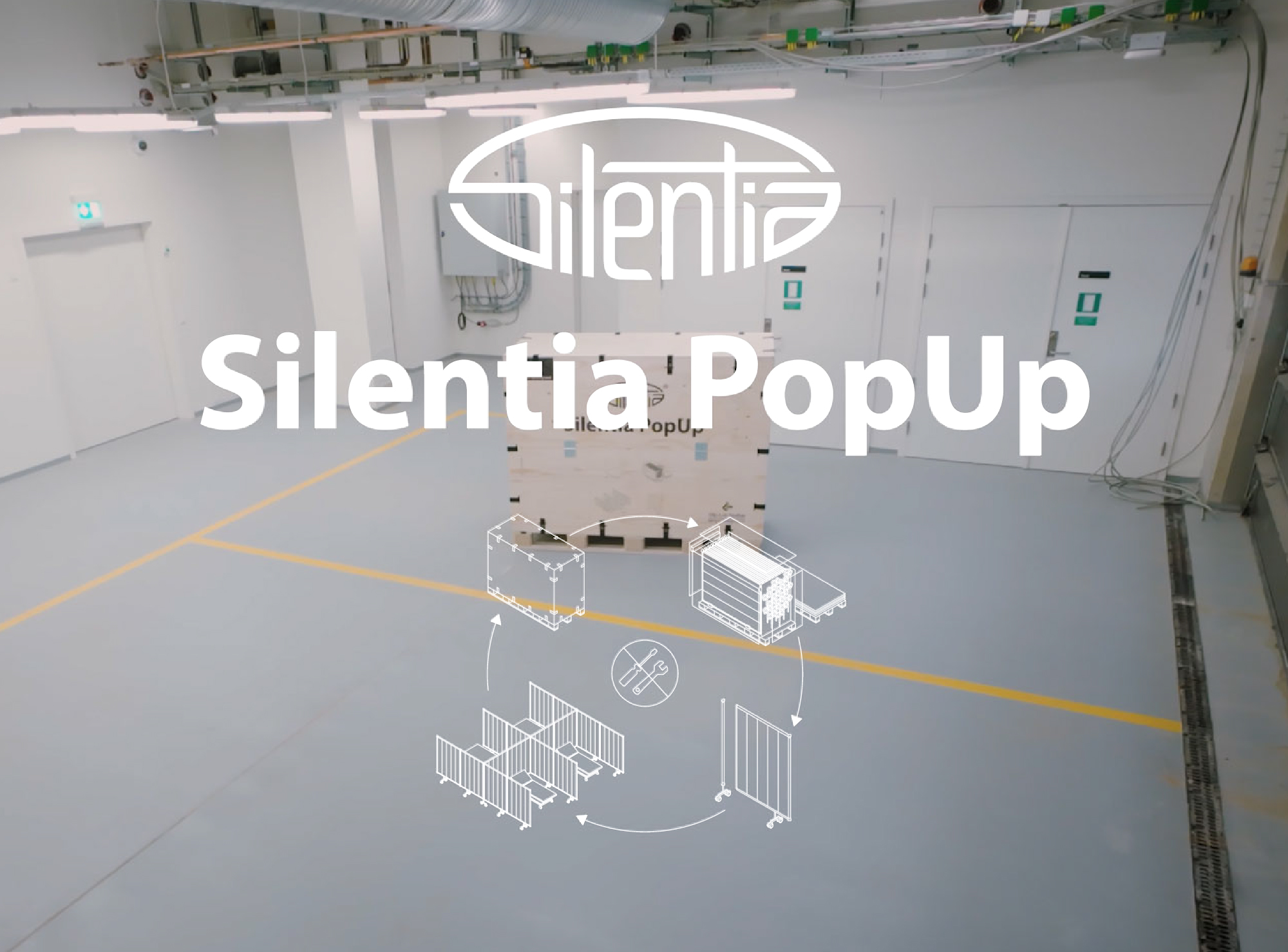 Silentia PopUp logo overlay on footage of an empty hall, illustrating the hospital-in-a-box concept.